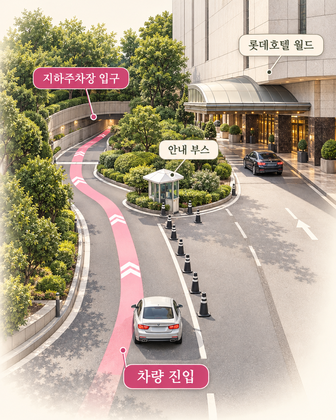 사진을 참고한 주차장 진입 안내 일러스트: 분홍색 유도선을 따라 안내 부스 왼쪽 지하주차장으로 이동